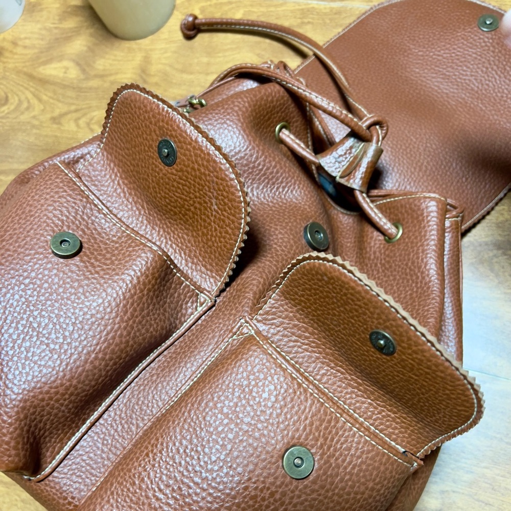Guess Vintage Brown Leather Drawstring dual Pocket magnetic Closure Backpack Bag - Picture 9 of 15